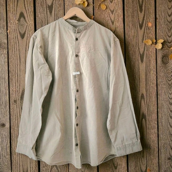 J. Peterman Button Front  Shirt Khaki Standing Collar Sz 42 / L Casual Workwear - Picture 1 of 9